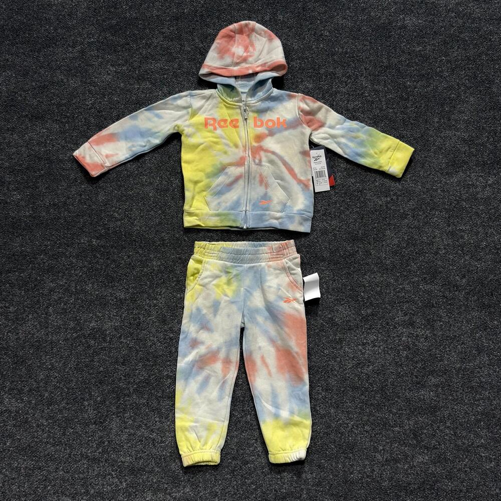 Reebok 2 Piece Hoodie Pants Set Toddler 2T Neon Melon Tie Dye Fleece Outfit